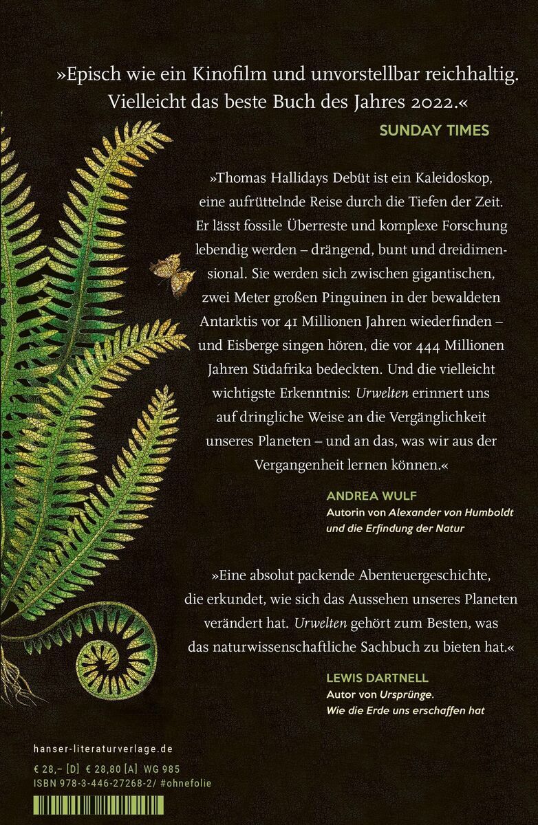 Cover des Buches 'Urwelten' von Thomas Halliday mit einer illustrierten Darstellung prähistorischer Landschaft und Pflanzen.