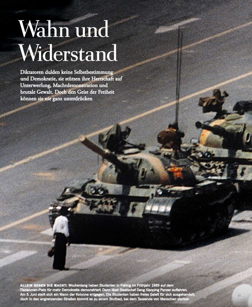 Cover des Magazins 'ZEIT GESCHICHTE 4/22 Diktatoren' zeigt Panzer auf einer Straße und ein einzelner Mann, der ihnen entgegensteht. Oben links ist der Text 'Wahn und Widerstand' zu sehen.