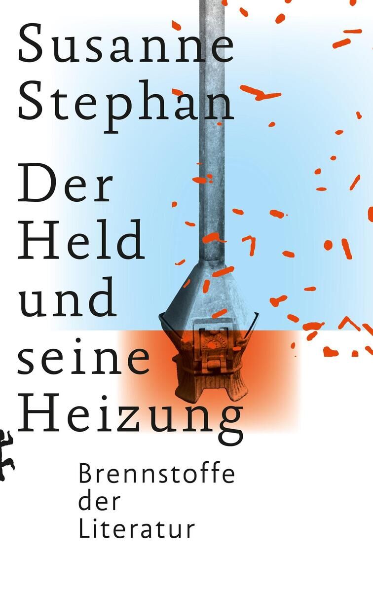 Das Buchcover zeigt den Titel 'Der Held und seine Heizung' von Susanne Stephan. Es zeigt ein stilisiertes Bild einer Heizung mit einer Flamme und abstrakte grafische Elemente in Blau, Orange und Rot.