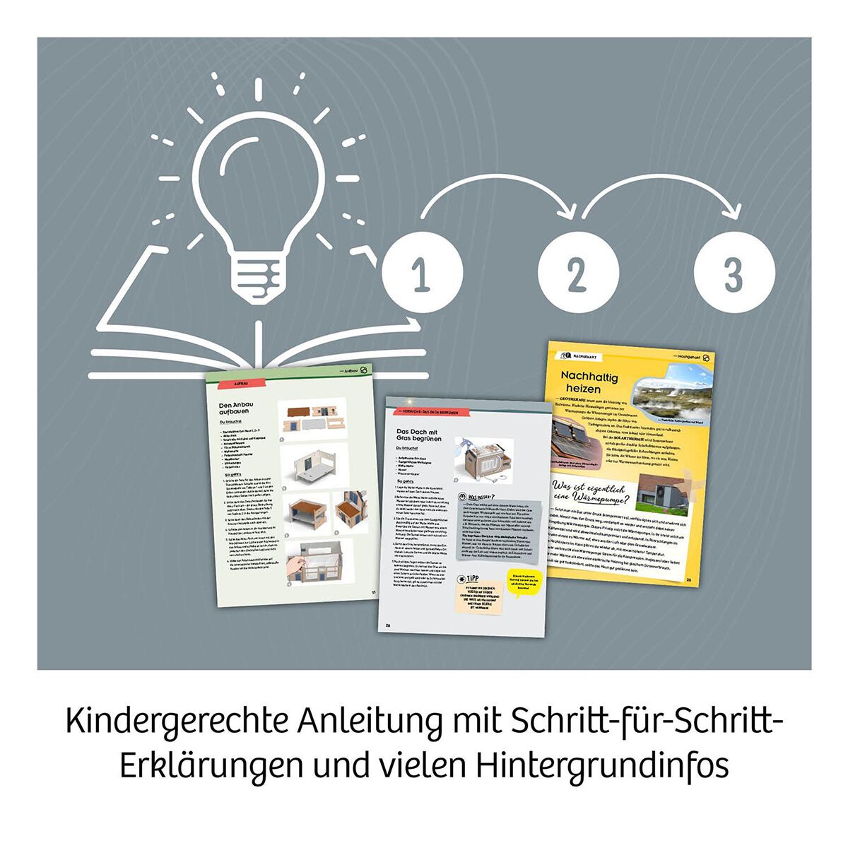 Abbildung eines Lernsets für Kinder zur Einführung in nachhaltiges Bauen, bestehend aus illustrierten, farbigen Anleitungen und Hintergrundinformationen vor einem weißen Hintergrund. Eine gezeichnete Glühbirne mit drei nummerierten Schritten unterstreicht den didaktischen Aufbau des Produkts. Das Set fördert Umweltbewusstsein und eignet sich für schulische und private Projekte.
