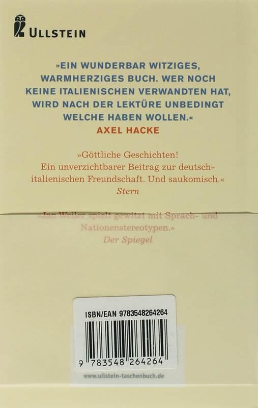 Rückseite des Buches 'Maria, ihm schmeckt's nicht!' von Jan Weiler. Beige Hintergrund mit Zitaten von Axel Hacke und der Zeitschrift Stern in schwarzer und roter Schrift. ISBN/EAN unten angegeben.