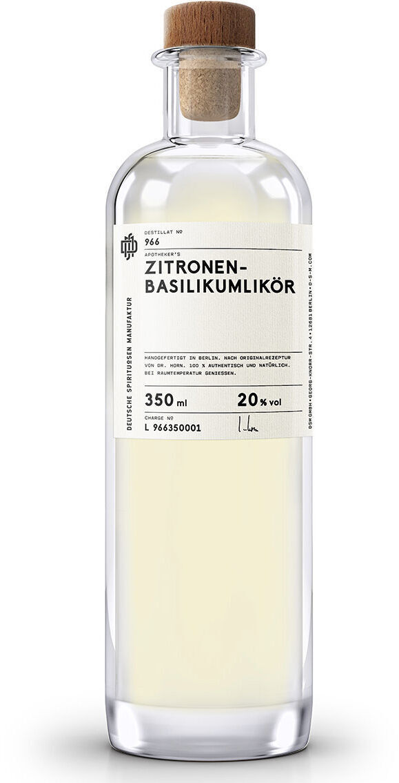 Eine klare Glasflasche mit Naturholzkorken, welche 350 ml Zitronen-Basilikumlikör mit einem Alkoholgehalt von 20% Vol. enthält. Das Etikett ist schlicht gestaltet mit schwarzer Schrift auf weißem Hintergrund und enthält den Produktnamen »Zitronen-Basilikumlikör 966«. Im Hintergrund ist keine Dekoration oder weitere Visualisierung vorhanden.