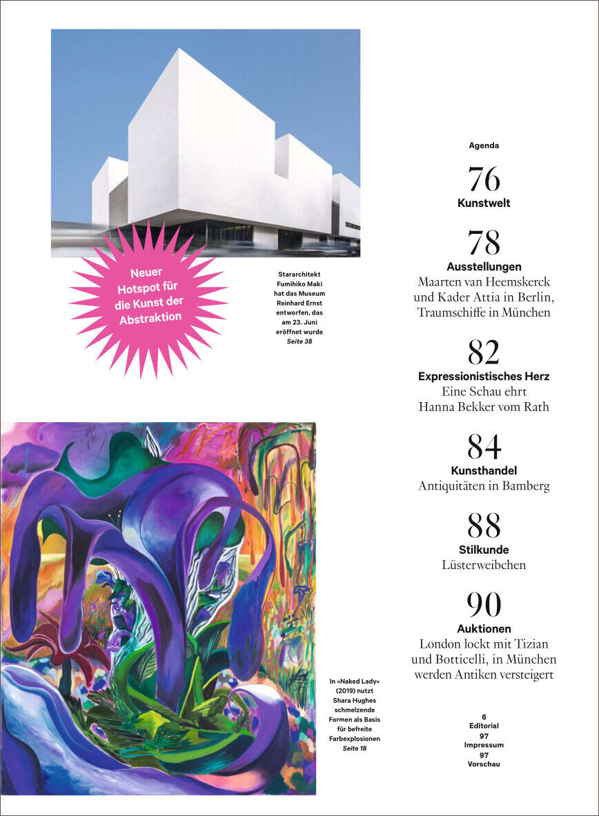 Kunstmagazin mit Titelseite, die weiße moderne Gebäude und abstrakte, farbenfrohe Kunstwerke von Shara Hughes zeigt. Enthält Text zu Kunstthemen und Ausstellungen in Deutschland.
