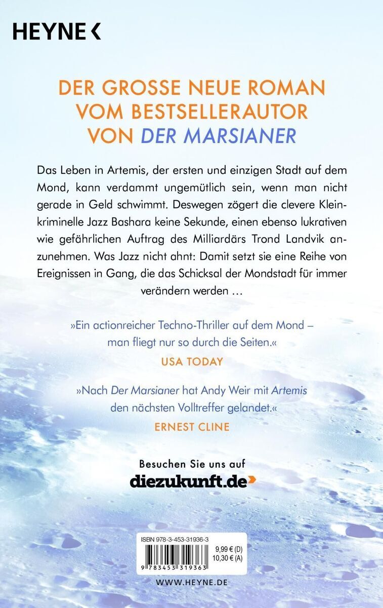 Das Bild zeigt die Rückseite des Buches 'Artemis' von Andy Weir, veröffentlicht von Heyne Verlag. Die Buchbeschreibung und Zitate von 'USA Today' und Ernest Cline sind sichtbar. Der Hintergrund ist hauptsächlich blau-schwarz mit orangefarbenen und weißen Texten.