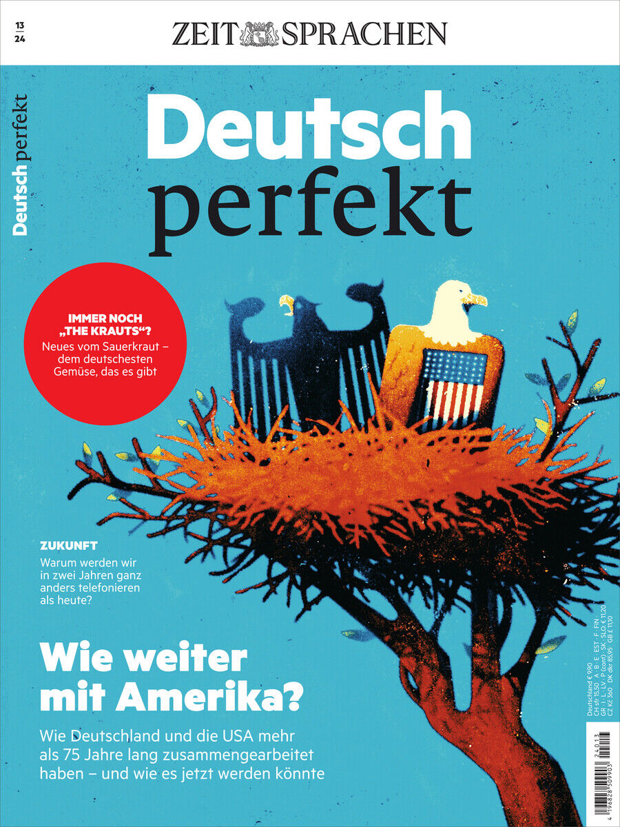 Cover des Deutsch perfekt Magazins 13/2024 mit einer Illustration von zwei stilisierten Vögeln, einer als Adler und einer als Bundesadler, in einem Nest auf einem Baum. Der Titel lautet 'Wie weiter mit Amerika?' und der Hintergrund ist in Blau- und Orangetönen gehalten. Oben steht 'ZEIT SPRACHEN'.
