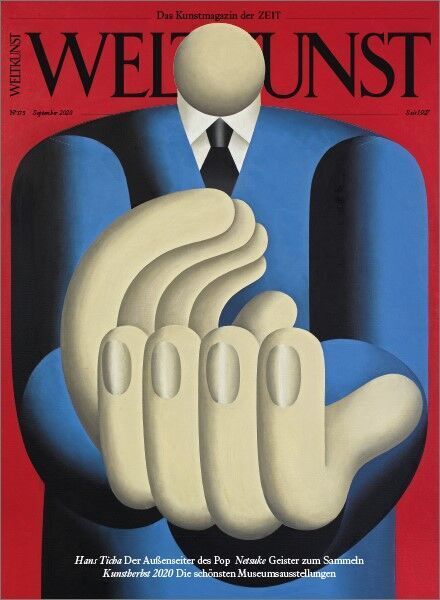 Cover des Magazins WELTKUNST 175/20 mit Kunst im Herbst 2020. Das Kunstwerk auf dem Cover zeigt stilisierte Hände und eine abstrahierte menschliche Figur in neutralen Farben vor einem roten Hintergrund.