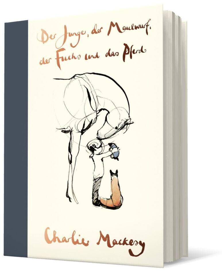 Buchcover von 'Der Junge, der Maulwurf, der Fuchs und das Pferd' von Charlie Mackesy, das einen einfachen, skizzenhaften Stil zeigt. Die Illustration zeigt einen Jungen und drei Tiere: einen Maulwurf, einen Fuchs und ein Pferd. Der Titel und der Name des Autors sind handschriftlich in Braun auf weißem Hintergrund geschrieben.