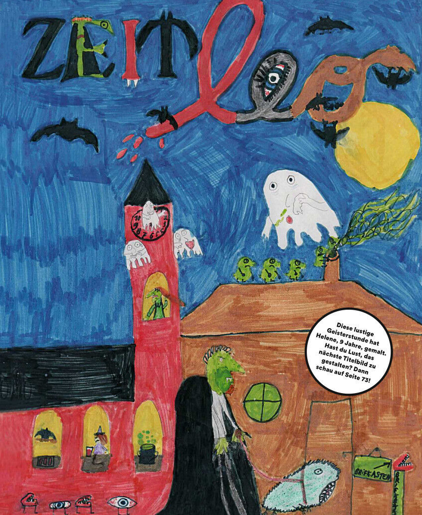 Das Bild zeigt das Cover der Ausgabe 7/22 der Kinderzeitschrift ZEIT LEO mit dem Titel 'Hier spukt's!' Das Cover ist bunt gestaltet mit verschiedenen Zeichnungen von Gespenstern, einem roten Turm, Fledermäusen und einem Mann mit grünem Gesicht. Ein gelber Vollmond leuchtet im Hintergrund. Die Farben Blau, Rot, Gelb, Grün, Schwarz und Weiß dominieren das Bild.