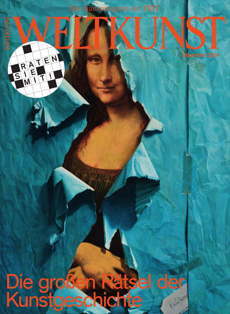 Cover der Zeitschrift Weltkunst mit einem zusammengesetzten Bild der Mona Lisa und dem Titel 'Die großen Rätsel der Kunstgeschichte' auf blauem Hintergrund mit orangenem Text.