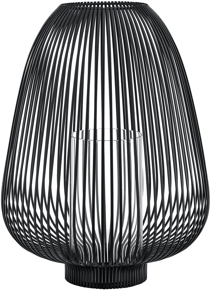Schwarze Metall-Laterne in moderner, ovaler Gitterform mit integriertem Kerzenhalter, geeignet für den Innen- und Außenbereich als dekoratives Stimmungslicht.