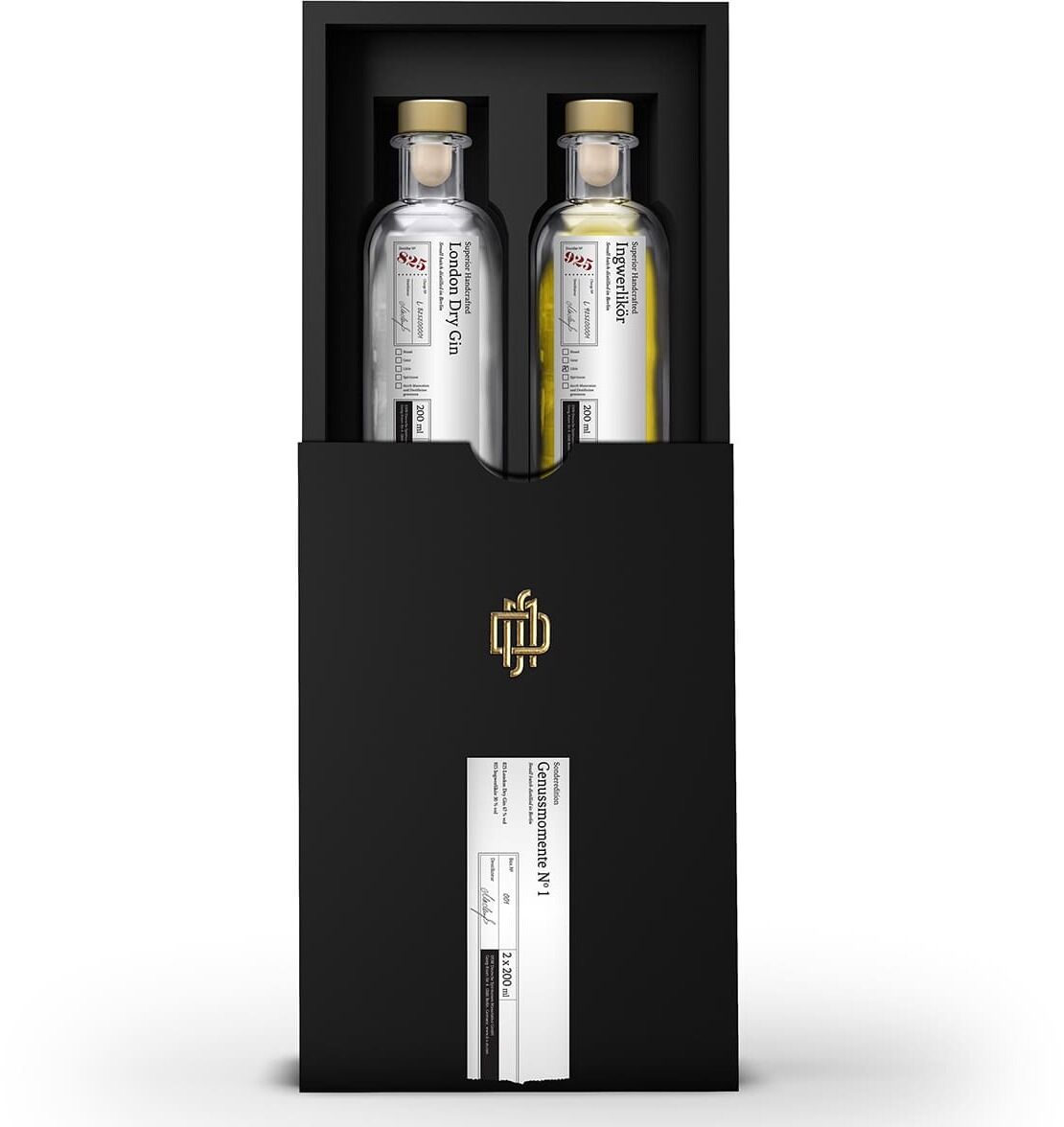 Ein edel verpacktes Geschenkset der ZEIT-Sonderedition »Genussmomente No 1«. Zwei Ginflaschen in einer schwarzen Box mit goldenen und weißen Akzenten. Die Flaschen sind transparent und haben elegante Etiketten. Perfekt für luxuriöse Anlässe und als besondere Geschenkidee.