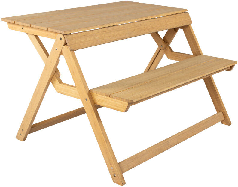 Eine klappbare Tischbank aus braunem Bambus von Weltevree ist abgebildet. Sie besteht aus einer stabilen Tischplatte und einer fest integrierten Sitzbank mit schräg gestellten Beinen. Die Konstruktion wirkt robust und eignet sich für den Innen- und Außeneinsatz.