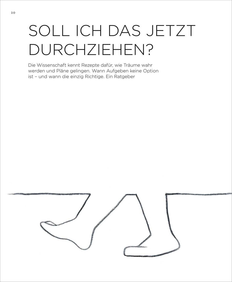 Eine Seite aus der Zeitschrift ZEIT WISSEN 5/23 mit dem Titel 'Soll ich das jetzt durchziehen?' und einer Illustration von schwarzen Umrissen von laufenden Beinen auf weißem Hintergrund.