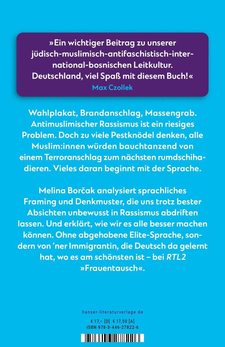 Das Buchcover von 'Borcak, M: Mekka hier, Mekka da' ist überwiegend blau mit weißer und schwarzer Schrift. Der Titel steht oben, gefolgt von einem Zitat über die Wichtigkeit des Buches. Darunter befinden sich erklärende Texte zum Inhalt des Buches und Angaben über die Autorin.