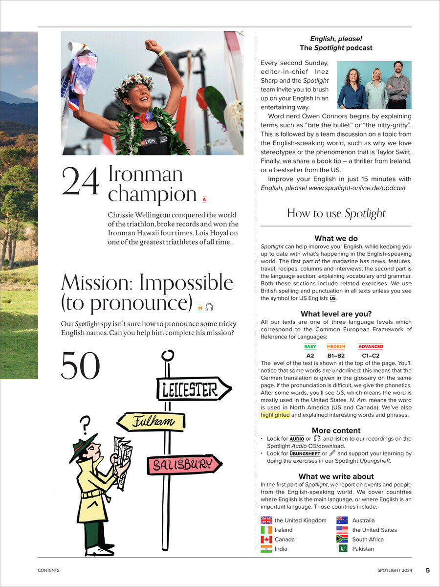 Seite aus der Spotlight Magazin Ausgabe 13/2024 mit Artikeln über Ironman-Wettbewerbe und Herausforderungen beim Aussprechen englischer Namen. Enthält ein Bild einer Ironman-Siegerin und Illustrationen zu britischer und australischer Kultur.