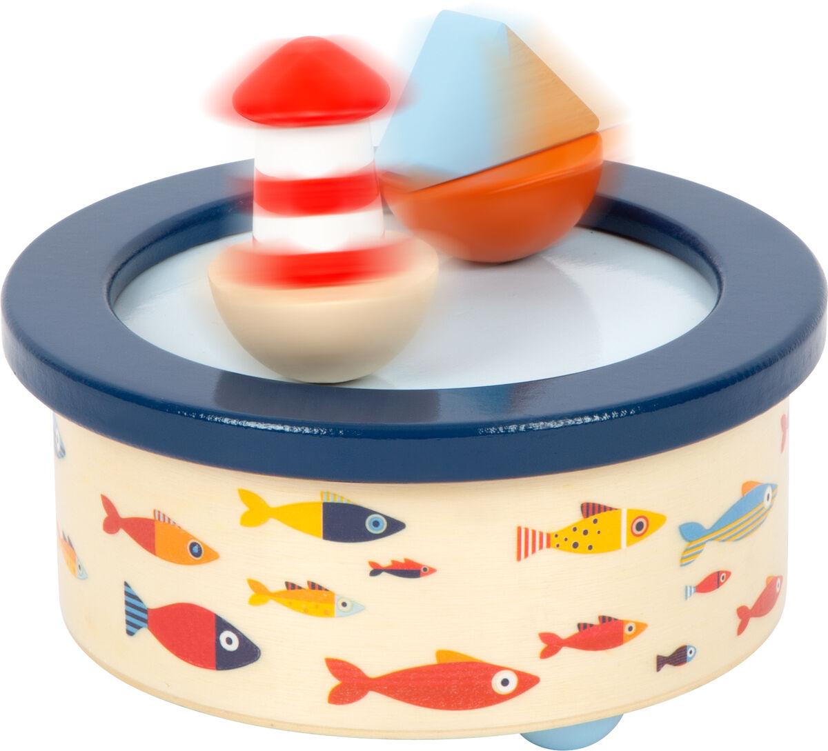 Spieluhr »Großer Ozean« aus Holz mit bunten Fischen, einem Leuchtturm und einer Bootsszene, ideal für Kinderzimmerdekoration.