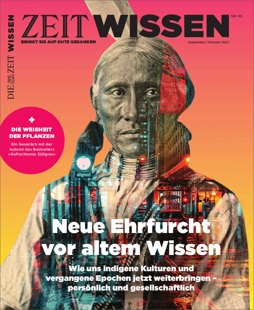 Zeitschriftentitel 'ZEIT WISSEN 5/21' mit dem Untertitel 'Neue Ehrfurcht vor altem Wissen'. Das Titelbild zeigt ein Porträt einer indigenen Person in historischen Kleidern mit überlappenden modernen architektonischen Strukturen. Text auf dem Cover hebt das Thema der Ausgabe hervor: Respekt für das Wissen indigener Kulturen und vergangener Epochen.