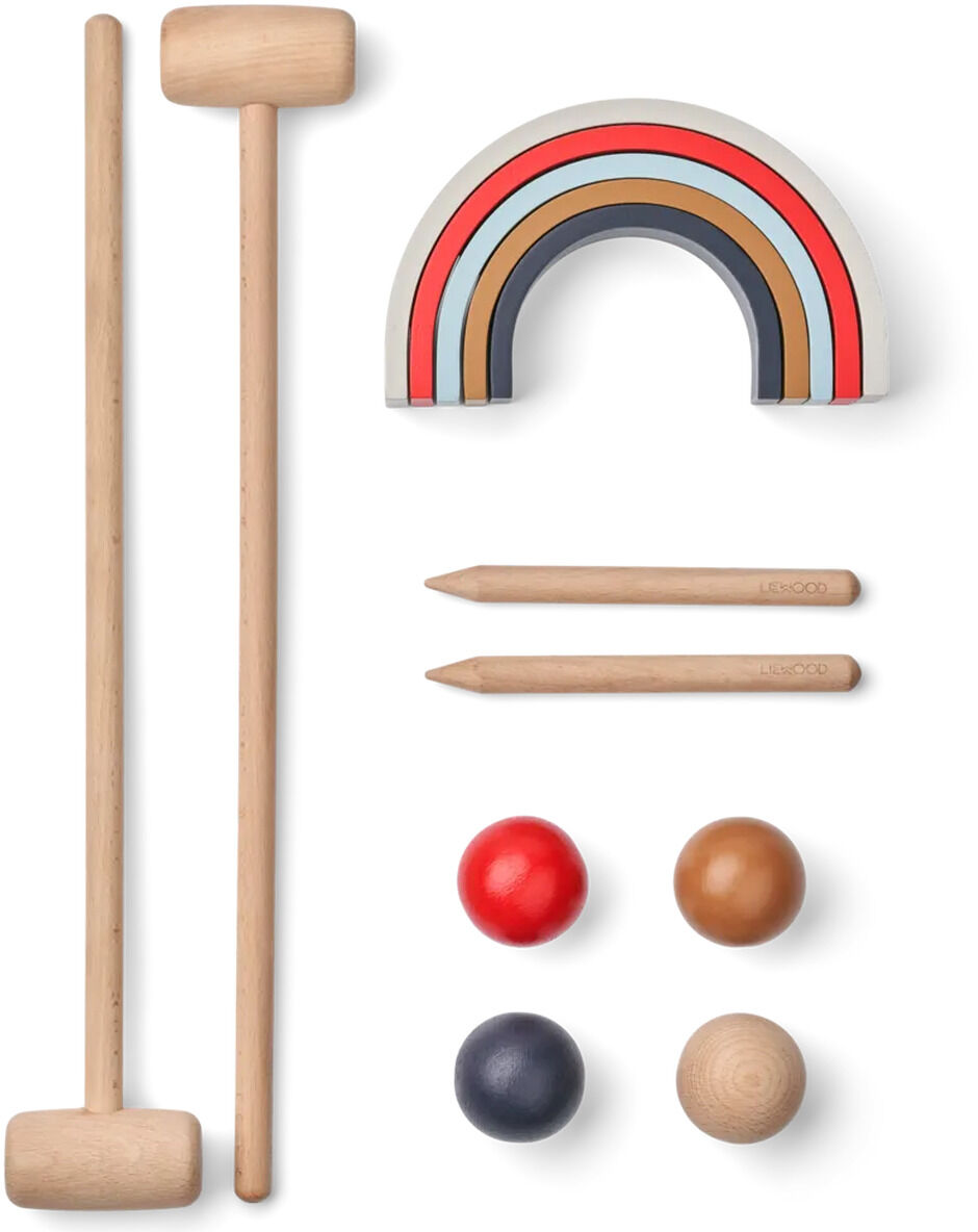 Croquet-Set »Alen« aus Holz mit zwei Schlägern, vier Bällen in Blau, Rot, Braun und Naturfarben, zwei Toren und zwei Holzwirkeln, auf weißem Hintergrund.