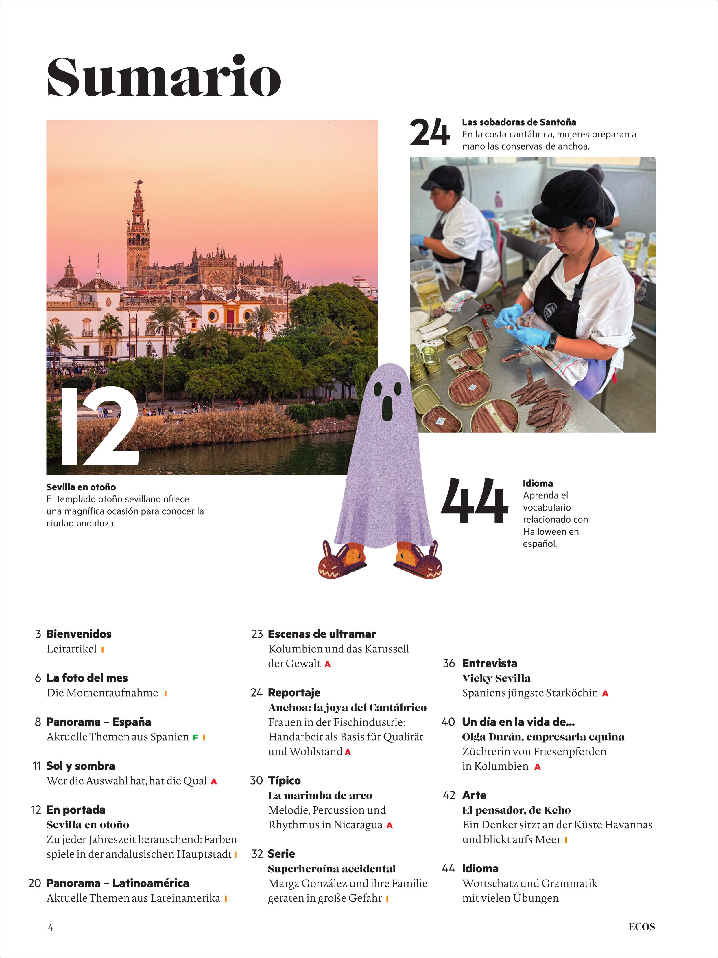 Das Titelbild eines spanischsprachigen Magazins zeigt die Inhaltsübersicht, unter anderem mit einem Foto der Kathedrale von Sevilla und Zeichnungen zu Themen wie Handarbeit und spanische Kultur. Der Text ist klar strukturiert, mehrere Farben und Bilder unterstreichen die Inhalte für Leserinnen und Leser, die Spanisch lernen oder sich für Spanien interessieren.