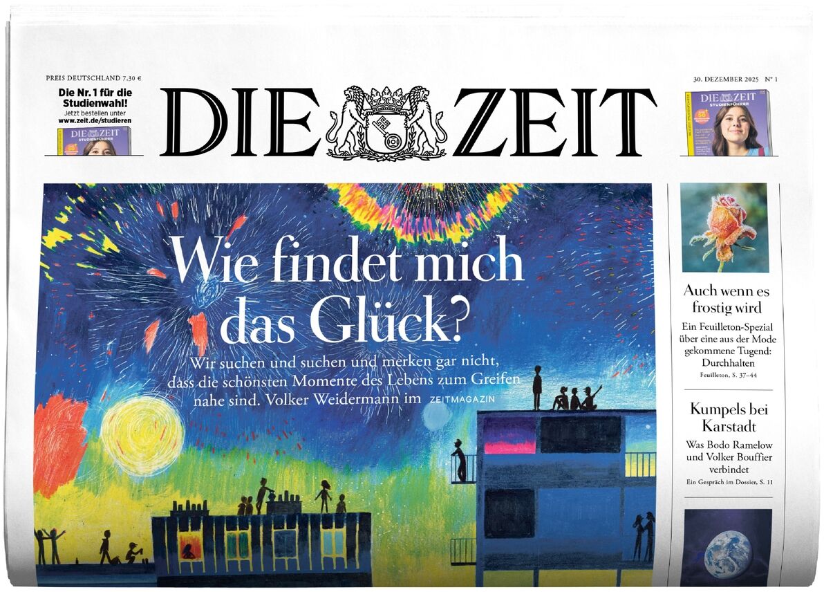 Titelseite der Zeitung DIE ZEIT Ausgabe 1/26 mit großem, farbigem Titelbild: nächtliche Szene mit Menschen auf Hausdächern, bunte Feuerwerksraketen am Himmel, grafisch gemalte Illustration. Über dem Bild der ZEIT-Schriftzug mit Wappen. Auszüge von Artikeln und Bildern an der rechten Seite.