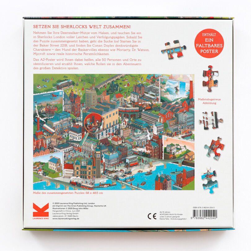 Die Rückseite der Verpackung des 'Sherlock Holmes Welt Puzzle' zeigt eine detaillierte Darstellung einer Stadtansicht mit verschiedenen Gebäuden und Landschaften. Enthalten ist auch ein faltbares Poster. Das Puzzle hat 1000 Teile und lädt zu einem Detektivabenteuer ein.