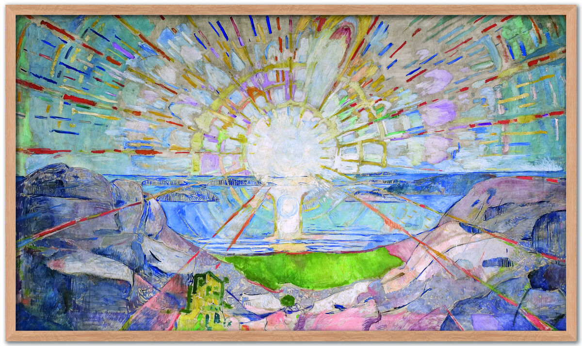 Edvard Munchs Gemälde 'Die Sonne' zeigt eine expressionistische Landschaft mit einem leuchtenden Sonnenaufgang, farbenfrohem Himmel und Bergen im Vordergrund. Die kräftigen Strahlen der Sonne betonen die lebendigen Farben und die dynamische Darstellung der Natur.