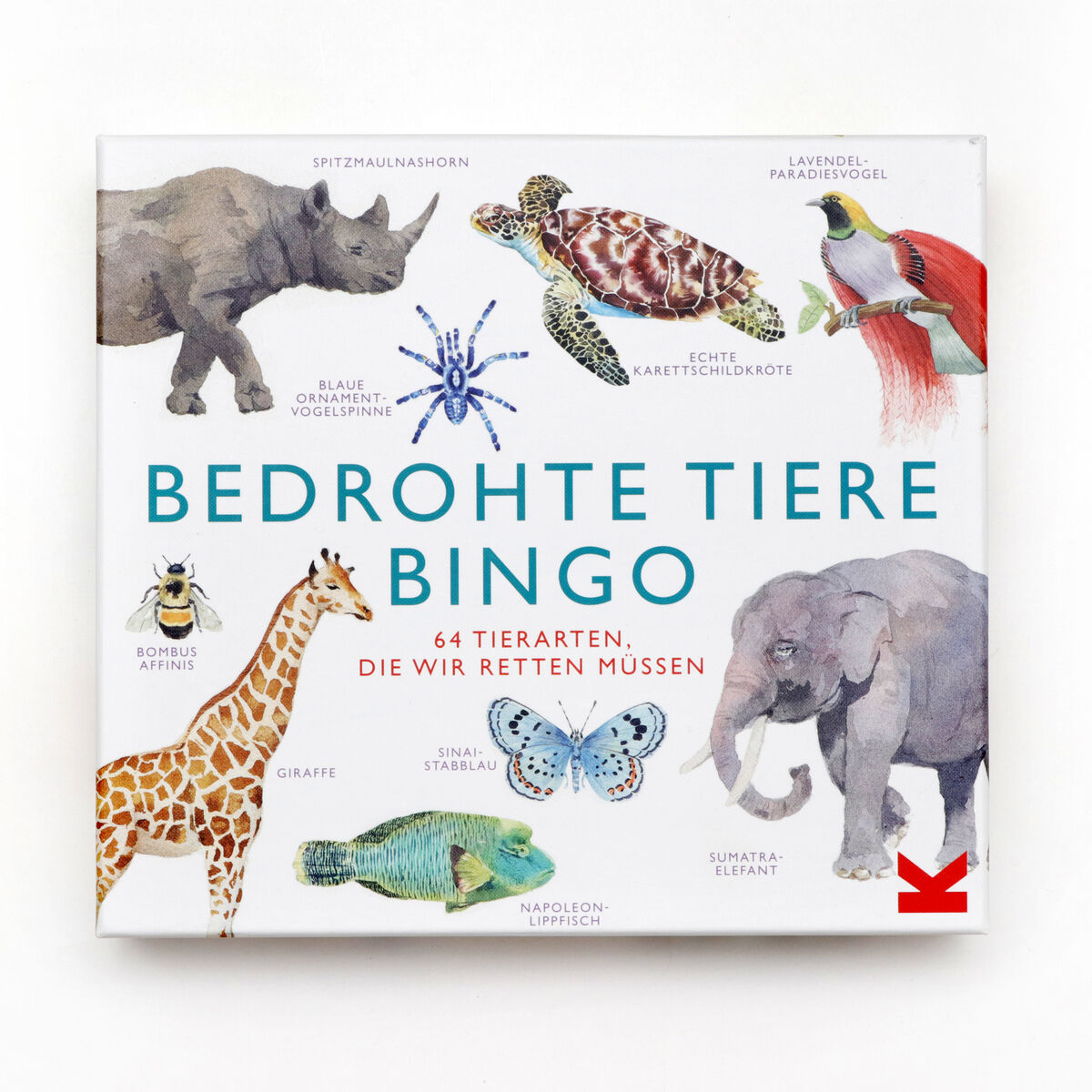 Deckblatt des Spiels Bingo »Bedrohte Tiere« mit Illustrationen von verschiedenen Tieren, darunter ein Nashorn, eine Giraffe, ein Elefant und eine Schildkröte, und dem Text 'Bedrohte Tiere Bingo - 64 Tierarten, die wir retten müssen'.