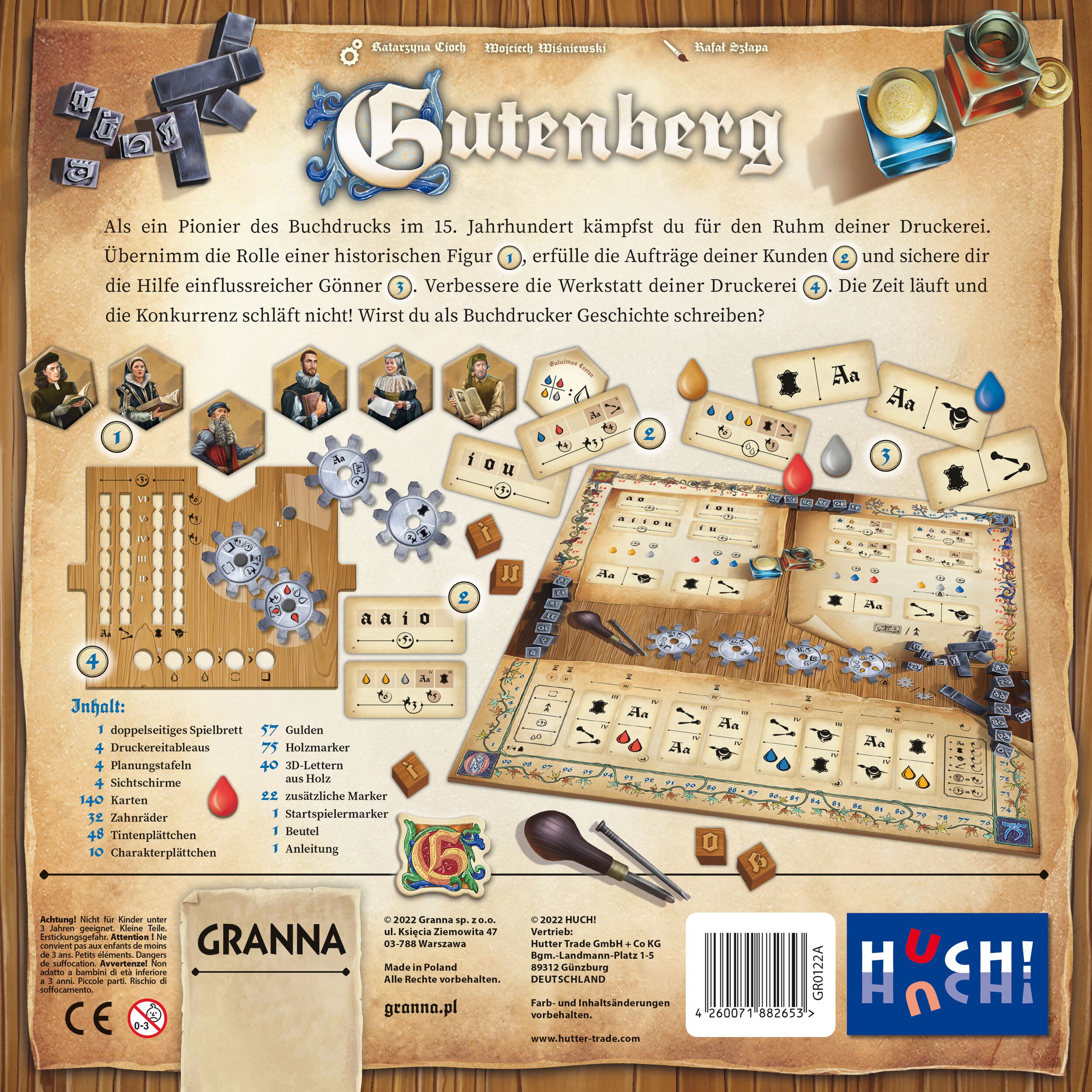 Rückseite der Brettspielschachtel »Gutenberg«. Abgebildet sind ein Spielbrett mit historischen Druckerelementen, Spielmaterial wie Holzmarker, Spielkarten, Zahnräder und Markierungssteine sowie erklärende Texte und eine bebilderte Spielanleitung. Im oberen Bereich ist das Logo des Spiels prominent platziert, zusammen mit thematisch gestalteten Illustrationen zum Buchdruck des 15. Jahrhunderts.