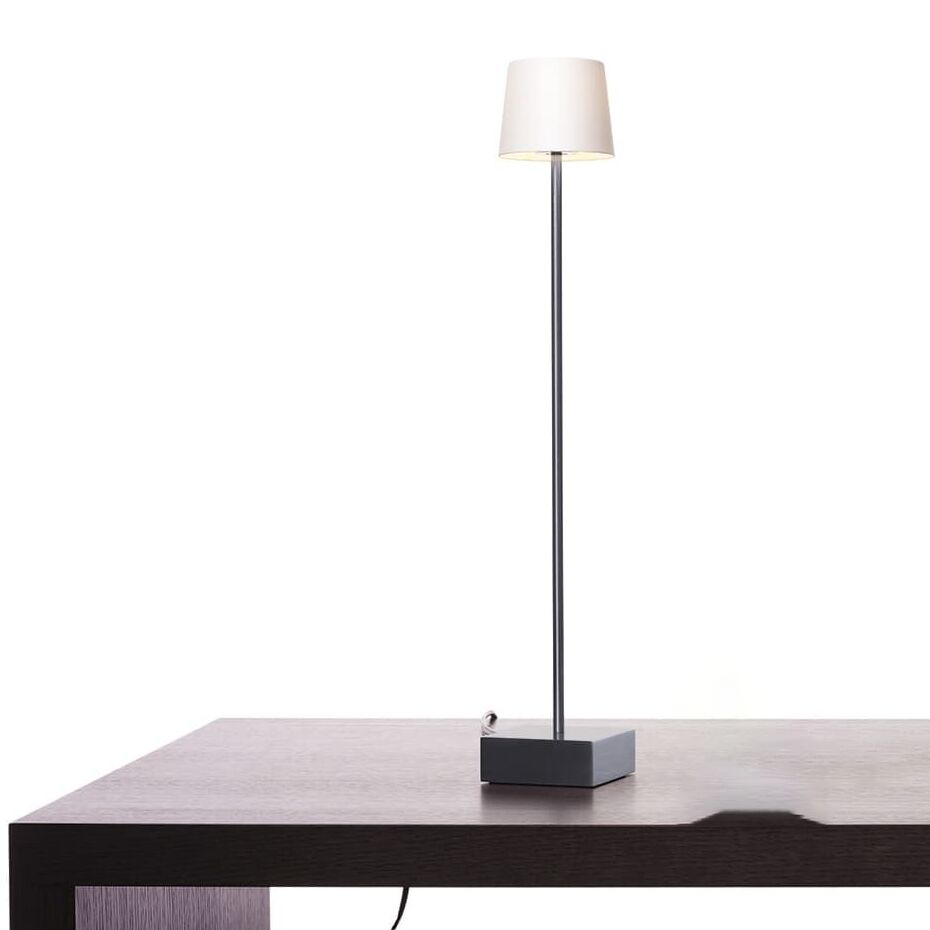 Auf einem schlichten dunklen Holztisch steht die ZEIT-Sonderedition Tischlampe »ANTA Cut« von ANTA. Die Lampe hat einen schlanken, grauen Standfuß, einen zylindrischen Porzellanschirm in Weiß und ein schwarzes Netzkabel. Das Design wirkt modern und zeitlos.