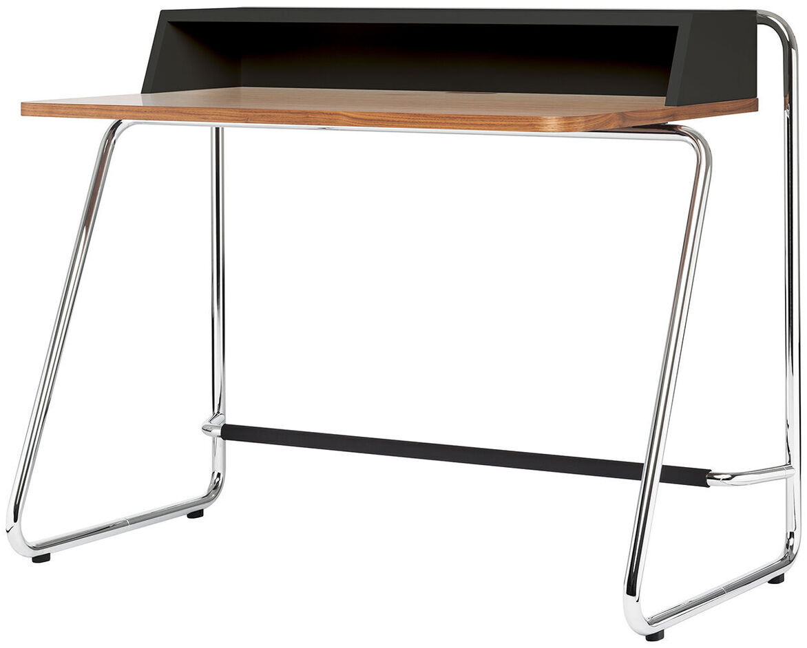 Moderner Schreibtisch »S1200« von Thonet mit schwarzer Ablagefläche und hölzerner Tischplatte, getragen von einem filigranen, verchromten Metallgestell.