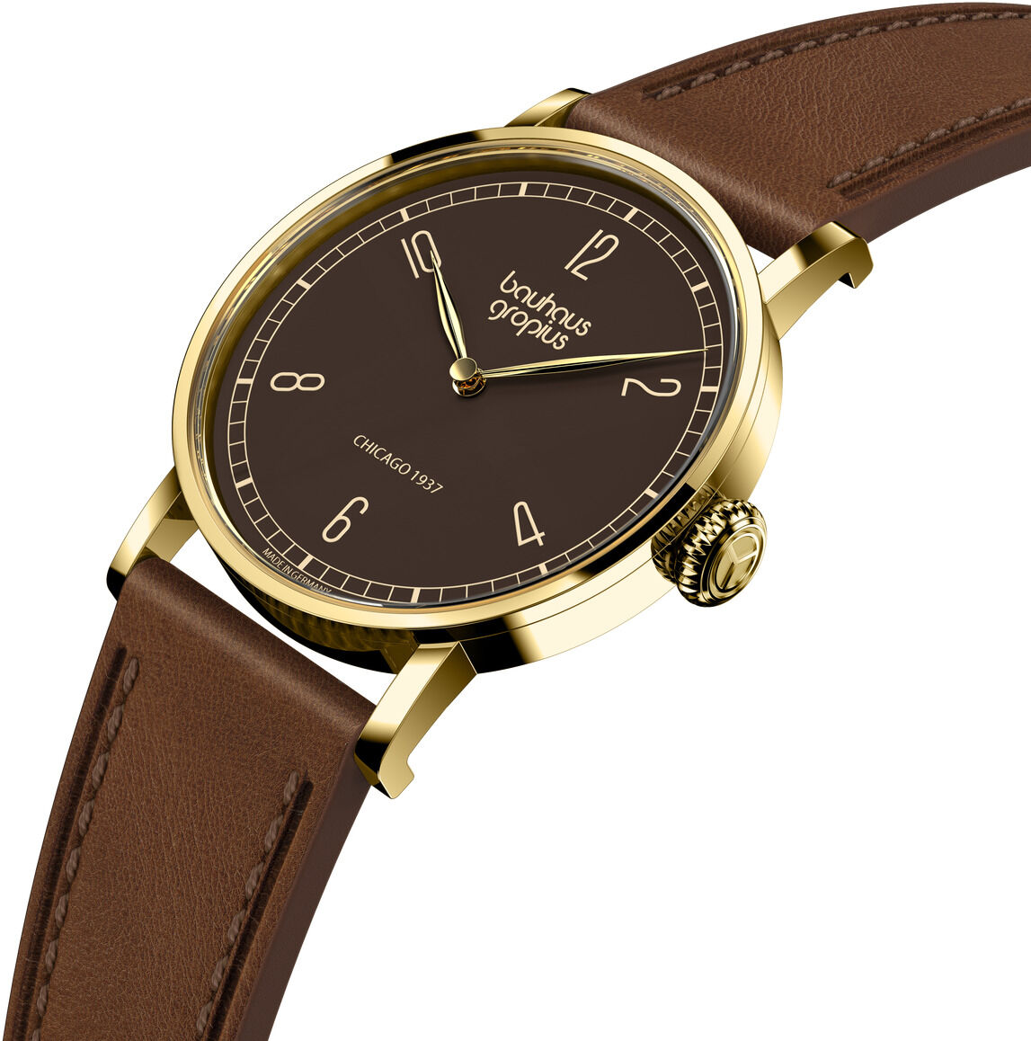 ZEIT-Sonderedition Uhr »Frauen am Bauhaus« von Walter Gropius: Edle Armbanduhr mit braunem Zifferblatt, goldfarbenem Edelstahlgehäuse und braunem Lederarmband, minimalistisches Bauhaus-Design, feine Ziffern, strukturierte Ziernaht am Band, limitiert auf 250 Stück.