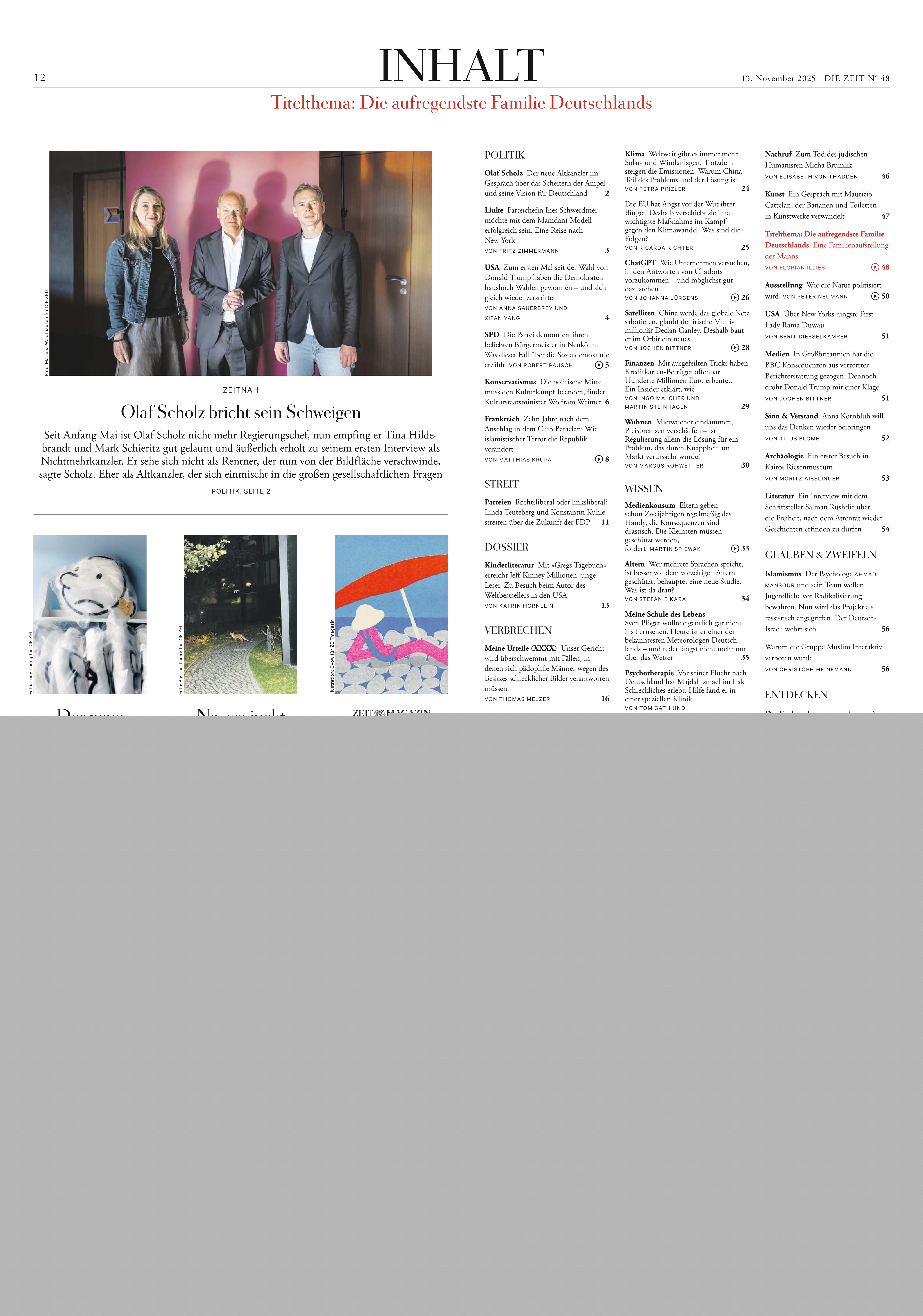 Eine DIN-A3-Zeitungsseite präsentiert das Inhaltsverzeichnis von DIE ZEIT 48/2025. Oben steht der Schriftzug "INHALT" mit einem roten Leitthema. Links oben ein großes Farbfoto von drei Personen vor rosafarbenem Hintergrund. Darunter weitere Farbfotos und Artikelteaser. Die Seite ist in mehrere farblich abgesetzte Kästen und Spalten gegliedert, mit Listen und Rubriktiteln.