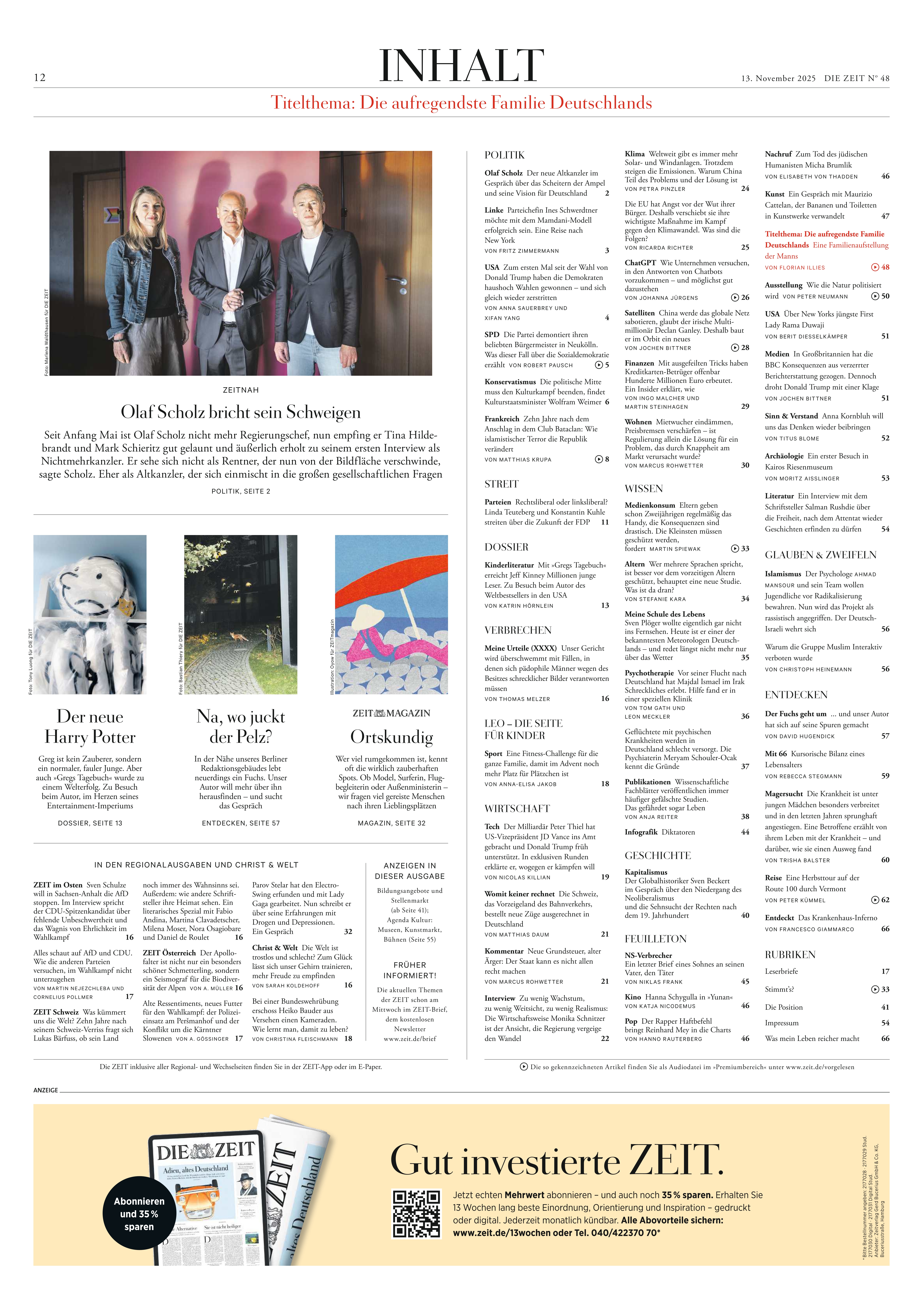 Eine DIN-A3-Zeitungsseite präsentiert das Inhaltsverzeichnis von DIE ZEIT 48/2025. Oben steht der Schriftzug "INHALT" mit einem roten Leitthema. Links oben ein großes Farbfoto von drei Personen vor rosafarbenem Hintergrund. Darunter weitere Farbfotos und Artikelteaser. Die Seite ist in mehrere farblich abgesetzte Kästen und Spalten gegliedert, mit Listen und Rubriktiteln.