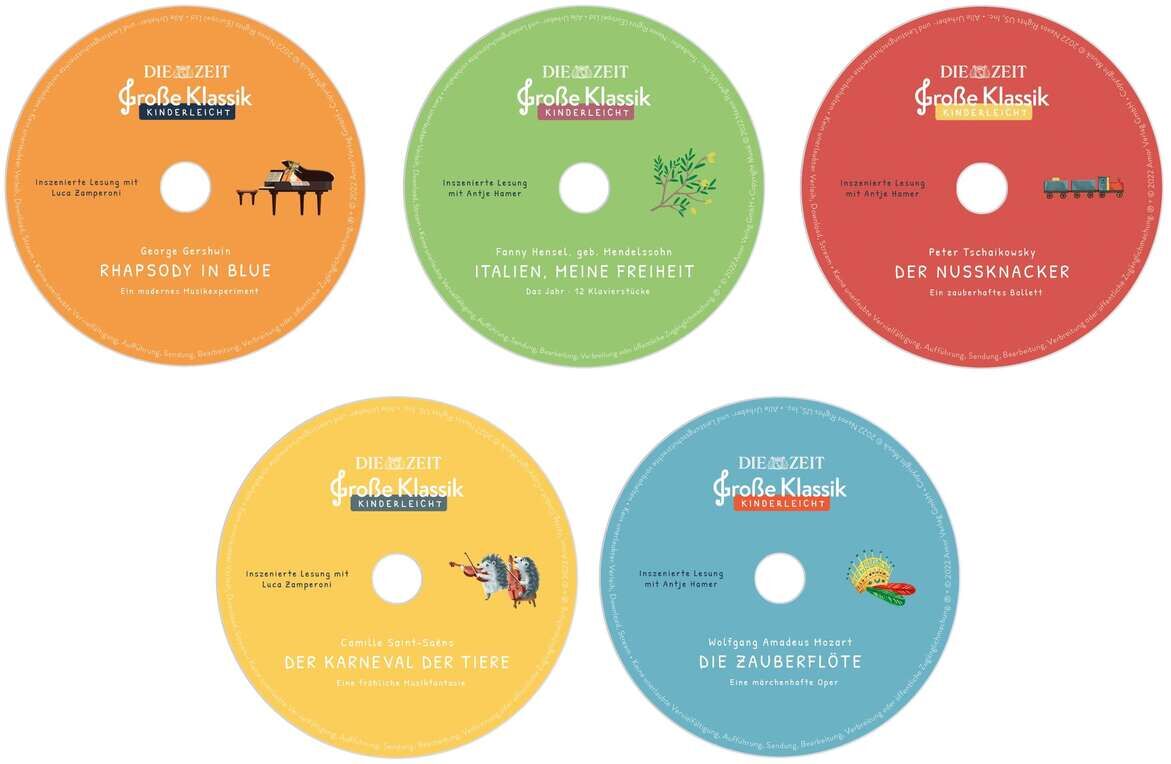 Fünf farbige CDs der ZEIT-Edition »Große Klassik, kinderleicht«: Die Orangen, grüne, rote, gelbe und blaue CDs sind humorvoll gestaltet und beinhalten klassische Musik speziell für Kinder.