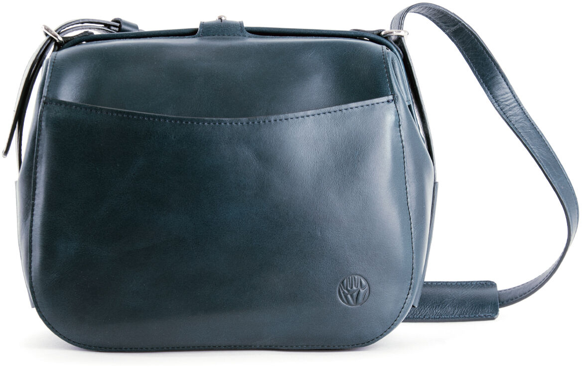 Eine elegante, dunkelblaue Ledertasche »Gala« Framebag mit einem Schulterriemen, in einem minimalistischen Design, geeignet für modebewusste Frauen.