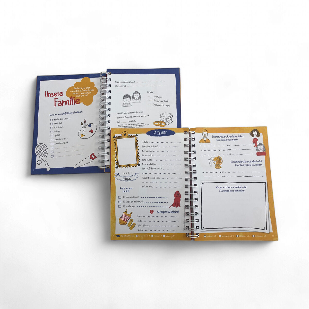 Das Bild zeigt das ZEIT LEO-Edition Buch »Entdecke deine Geschichte«. Es ist ein interaktives Tagebuch für Kinder mit bunten Farben und Illustrationen, geeignet um die eigene Familiengeschichte zu erkunden. Aufgeschlagene Seiten mit verschiedenen Aufgaben und Fragen laden zum Mitmachen ein.