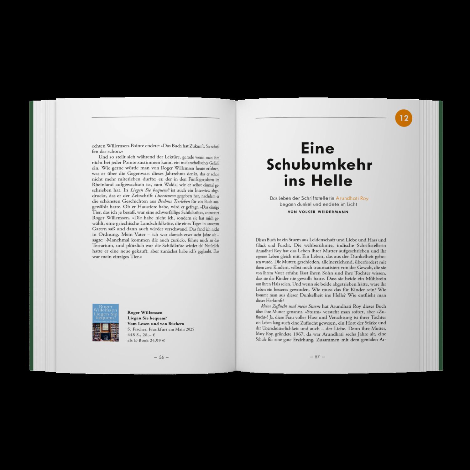 Offenes Buch der ZEIT-Edition »Bücherkompass« mit zwei sichtbaren Innenseiten. Links unten ist ein kleiner Buchumschlag abgebildet, rechts groß der Titel „Eine Schubumkehr ins Helle“. Klar strukturierte, schwarz gedruckte Texte auf weißem Papier, kleine orange Kreisgrafik mit Nummer oben rechts. Professionelles, ruhiges Layout.