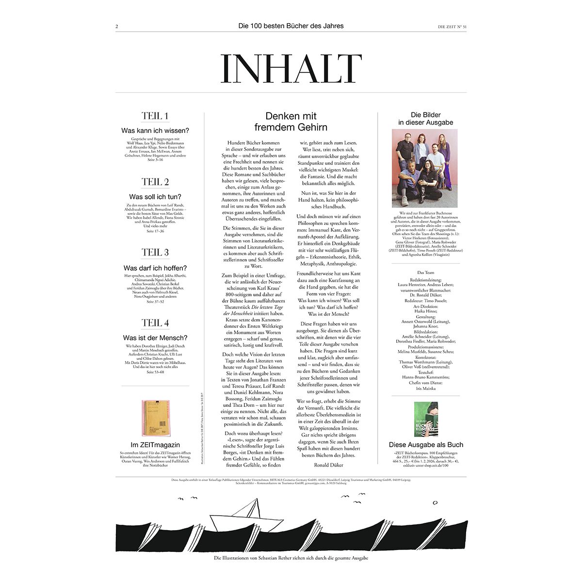 Titelseite einer Zeitung mit der Überschrift 'INHALT'. Im oberen Bereich strukturierte Abschnitte zu verschiedenen Themen, darunter 'Denken mit fremdem Gehirn'. Rechts befindet sich ein Bild von Menschen in einem Raum, Bildunterschriften und weitere Artikelhinweise. Unten grafische Schwarz-Weiß-Illustration eines Bootes.