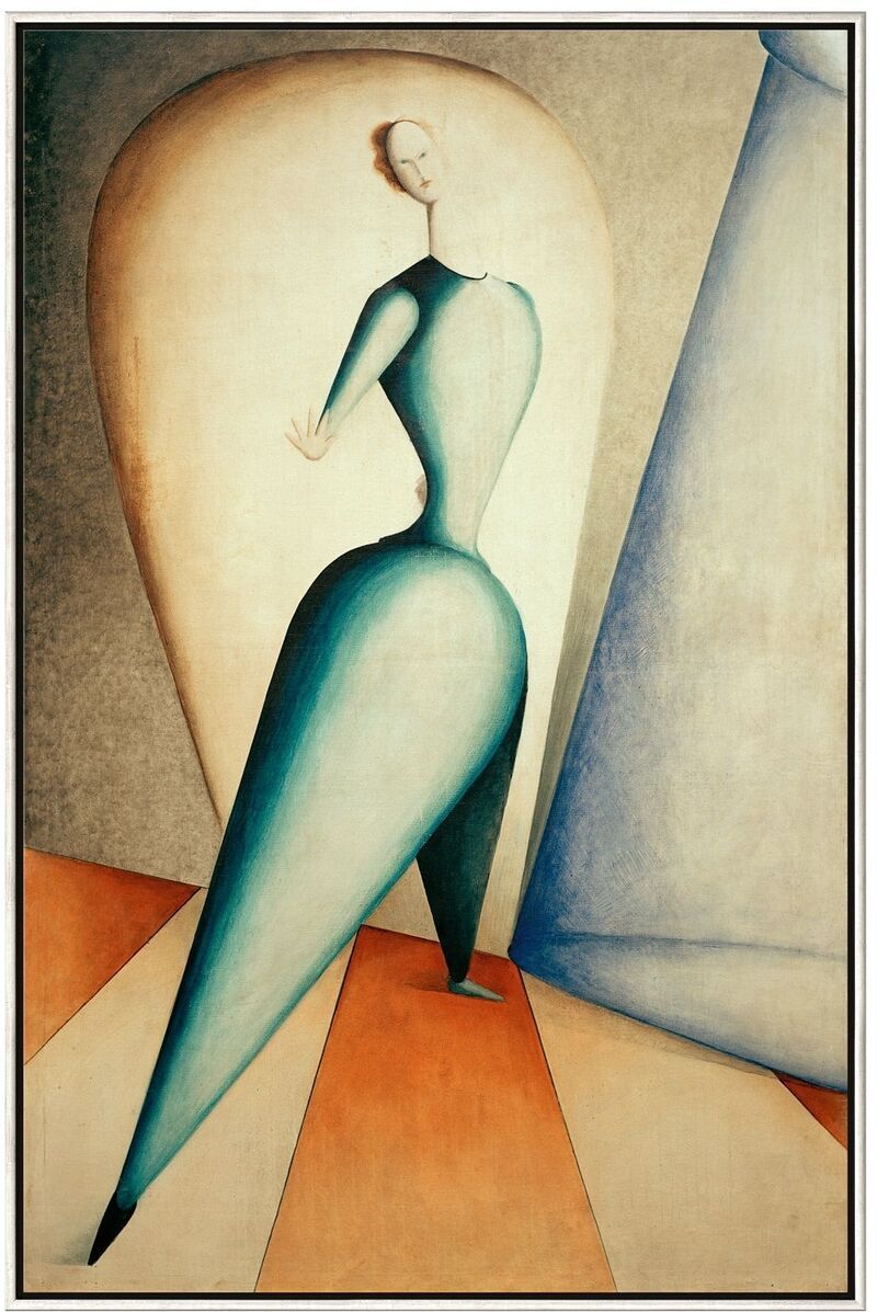 Ein Kunstwerk von Oskar Schlemmer aus dem Jahr 1922, betitelt 'Die Tänzerin', zeigt eine stilisierte Tänzerin in abstrakten Formen und sanften Farbtönen von Blau, Weiß, Beige, Orange und Grau. Die Figur scheint in Bewegung zu sein, betont durch geometrische Elemente und Schatten.