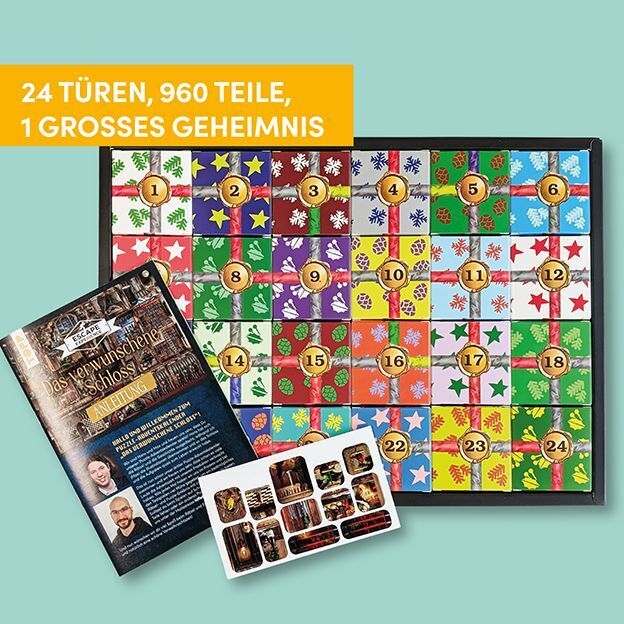 Abgebildet ist der Adventskalender »Das verwunschene Schloss« von TOPP mit 24 bunt gestalteten Türchen in verschiedenen Farben und Mustern sowie einem Begleitheft und Stickern. Im Vordergrund ein gelbes Feld mit dem Text: 24 Türen, 960 Teile, 1 großes Geheimnis.