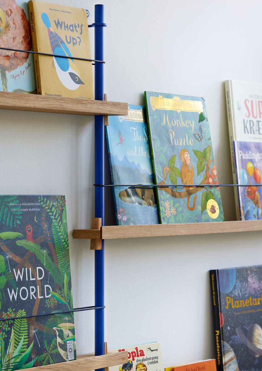 Ein Magazinregal aus Holz mit blauen Halterungen ist an einer weißen Wand angebracht. In den Fächern sind verschiedene Kinderbücher zu sehen, darunter Titel wie 'Wild World', 'The Sea and the Sky' und 'Monkey Puzzle'.