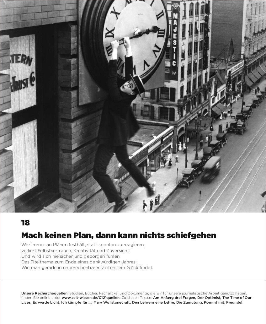 Das Titelbild der Zeitschrift ZEIT WISSEN 1/21 zeigt einen schwarz-weiß Fotografie eines Mannes, der an einem großen Zifferblatt einer Uhr hängt. Im Hintergrund ist eine Straßenszene mit Gebäuden zu sehen. Der Titel des Magazins lautet: 'Mach keinen Plan, dann kann nichts schiefgehen'.