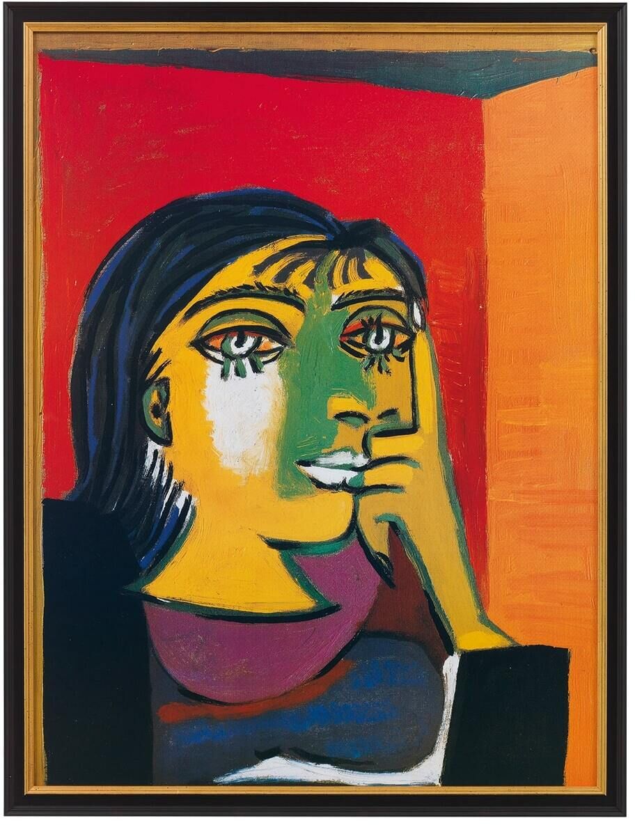 Ein Gemälde von Pablo Picasso aus dem Jahr 1937 mit dem Titel »Dora Maar«. Es zeigt ein Porträt einer Frau mit abstrakten, expressionistischen Zügen in intensiven Farben wie Rot, Gelb, Grün und Schwarz. Die Frau lehnt ihren Kopf auf ihre Hand und blickt nachdenklich.