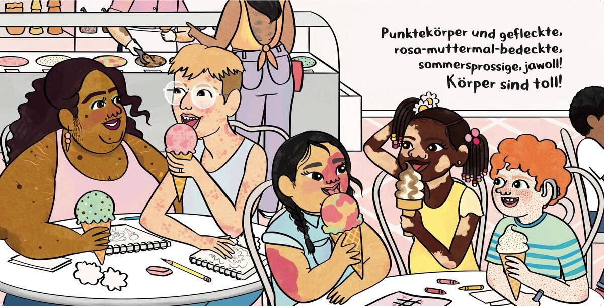 Illustration aus dem Kinderbuch 'Körper sind toll!' zeigt eine diverse Gruppe von Kindern, die zusammen Eiscreme essen und lachen. Die Szene betont Körperakzeptanz und Selbstliebe durch spielerische und bunte Zeichnungen.