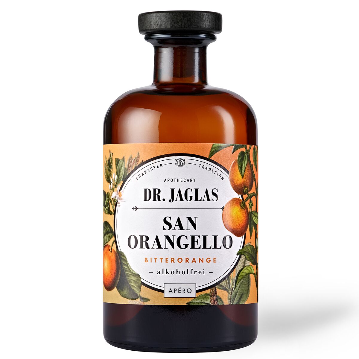 Amberfarbene Apothekerflasche mit breitem, schwarzem Deckel, verziert mit einem weißen Etikett. Darauf steht der Markenname Dr. Jaglas und „San Orangello Bitterorange alkoholfrei“. Florale Illustrationen mit orangen Bitterorangen schmücken das Etikett.