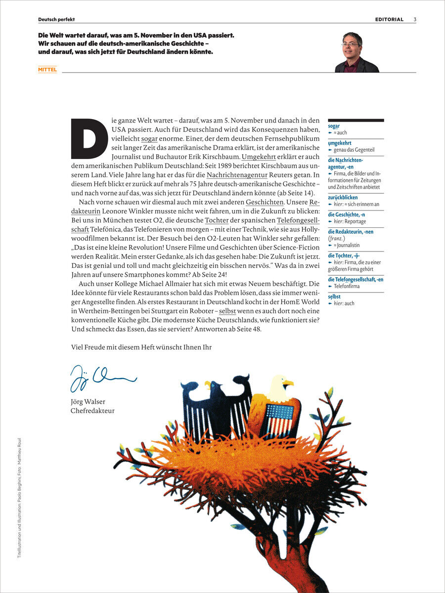 Cover eines Deutsch lernenden Magazins mit dem Titel 'Deutsch perfekt Magazin 13/2024'. Es zeigt eine Illustration von drei Vögeln auf einem Baum sowie Textblöcke mit Informationen zum Inhalt des Magazins. Oben rechts ein kleines Autorenfoto. Die Farbgestaltung besteht hauptsächlich aus Weiß, Schwarz, Orange und Gelb.