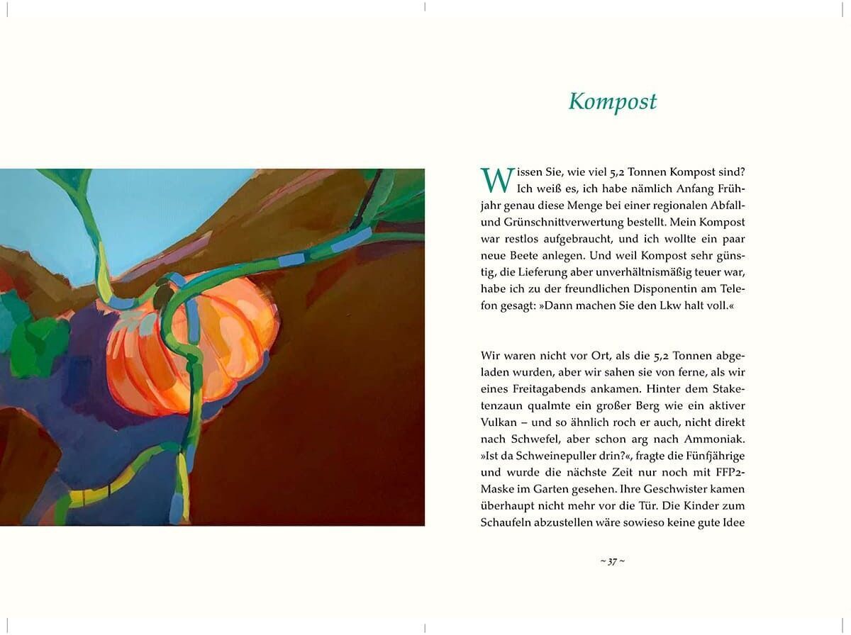 Seite aus einem Buch mit einem Bild von Gemüse auf Komposthaufen und Text über die Bedeutung von Kompost im Gartenbau.