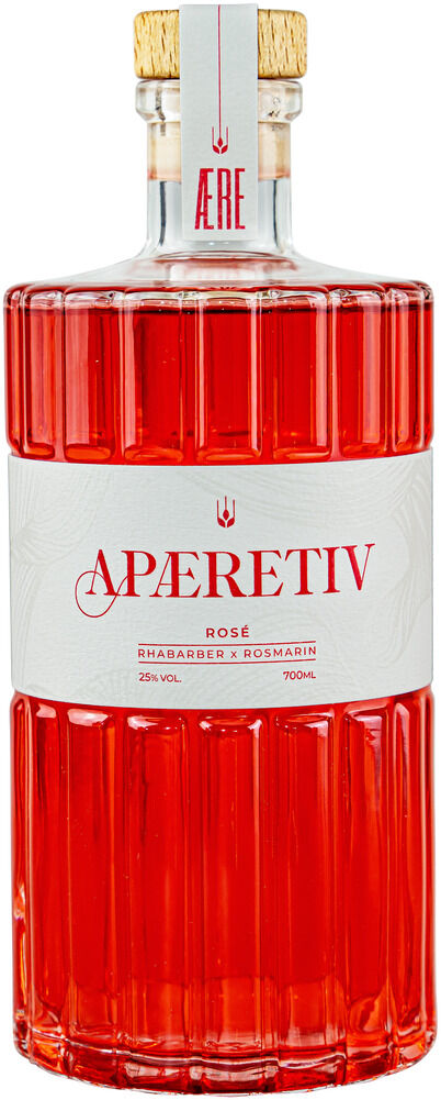 Eine Flasche AERE Aperitif »Rosé« mit einem roten Getränk und einem Korkverschluss. Das Etikett ist weiß mit goldenen und roten Akzenten.