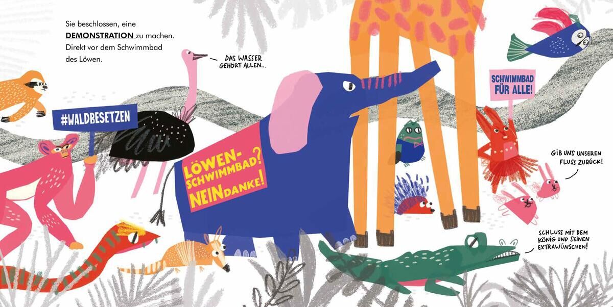 Ein bunt illustriertes Kinderbuch mit Dschungeltieren, die eine Demonstration gegen ein Schwimmbad veranstalten. Ein Elefant trägt ein Schild mit der Aufschrift 'Löwenschwimmbad? Nein, danke'. Um ihn herum sind weitere Tiere mit verschiedenen Protestschildern.