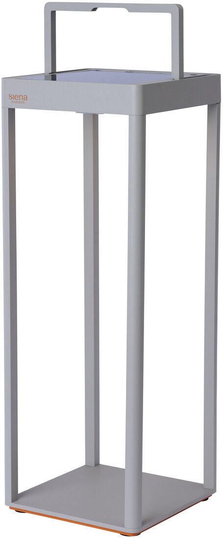 Modernes Windlicht »Wega« der Marke Sienagarden, 50 cm hoch, in seidengrau. Es ist rechteckig, mit vier schlanken, offenen Seiten und einem quadratischen Sockel. Am oberen Teil befindet sich ein Griff. Das Material wirkt edel und minimalistisch.